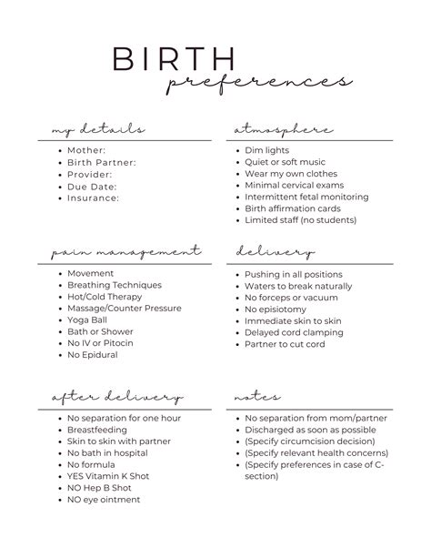 Birth Preferences Template