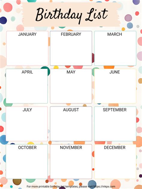 Birthday List Template