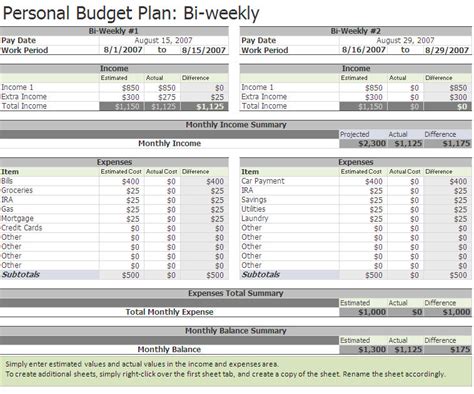 Biweekly Budget Excel Template