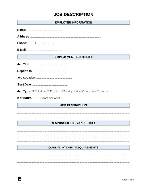 Blank Printable Job Description Template