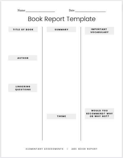 Book Report Template For 7th Graders