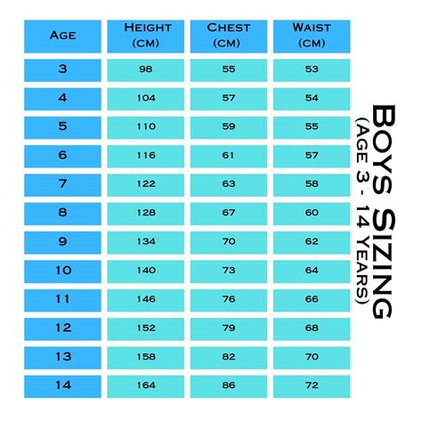 Boys 10 12 Size Chart