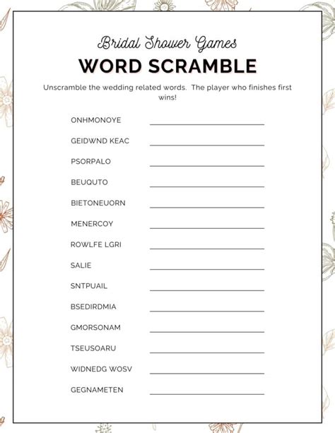 Bridal Word Scramble Free Printable