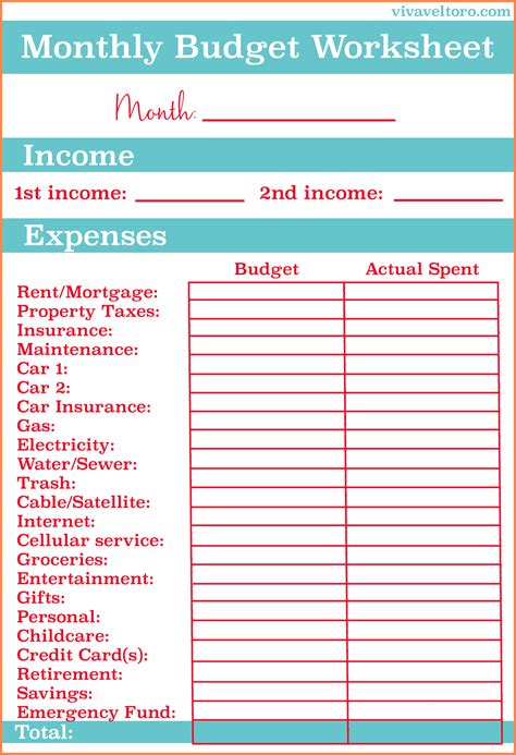 Budget Printable Worksheet