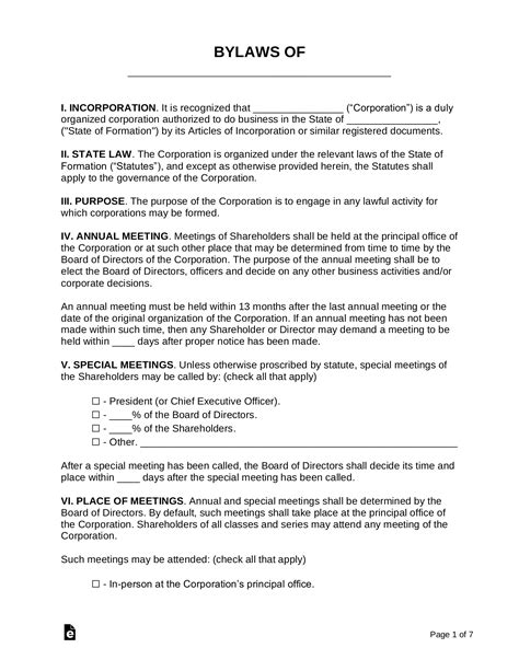 Business Bylaws Template