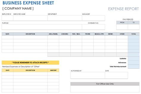 Business Expense Sheet Template