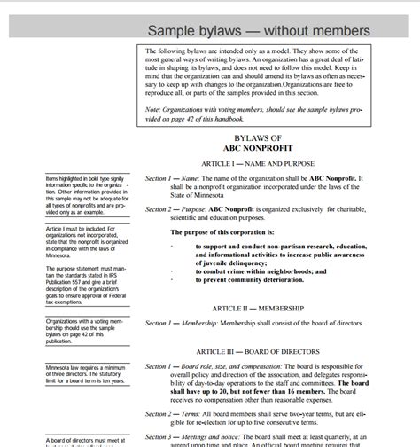Bylaws For Non Profit Template