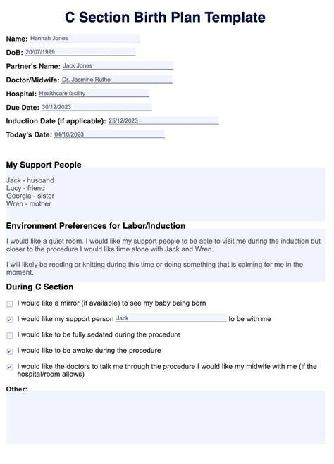 C-section Birth Plan Template Free