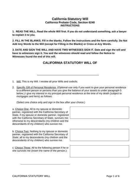 California Statutory Will Template