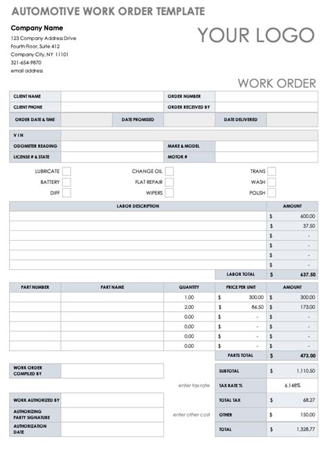 Car Work Order Template