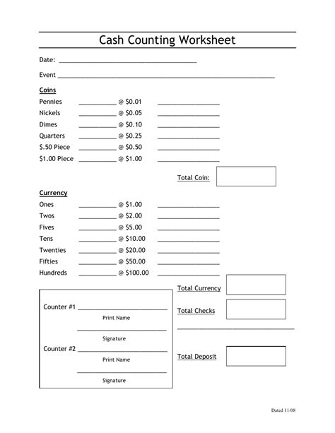 Cash Count Sheet Template