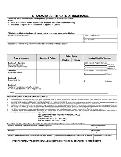 Certificate Of Insurance Template