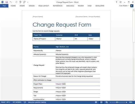 Change Request Form Template Word