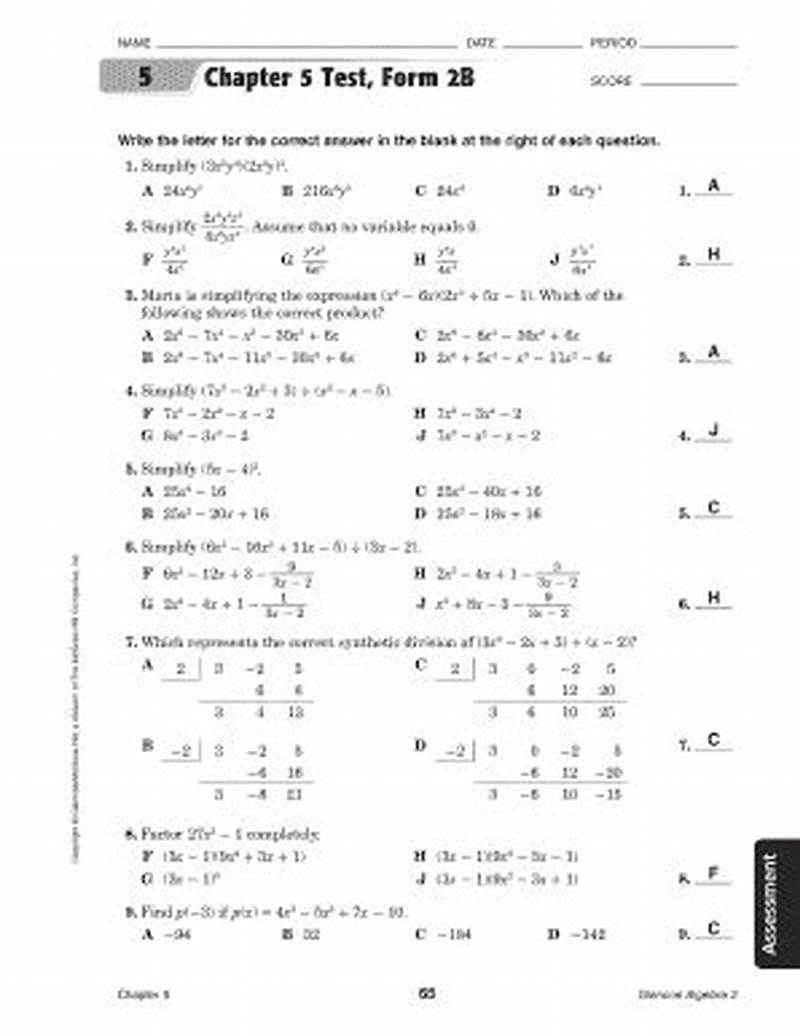 Chapter 2 Test Form 2a Answer Key