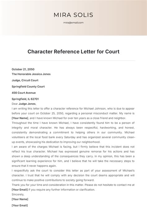 Character Reference For Court Template