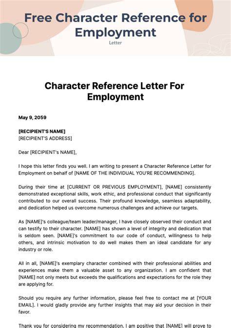 Character Reference Letter Template For Employee