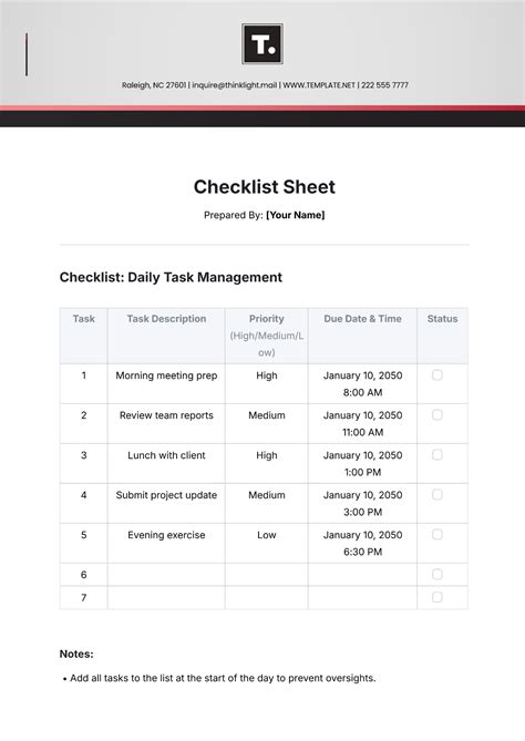 Checklist Sheet Template
