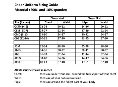 Cheer Uniform Sizing Chart