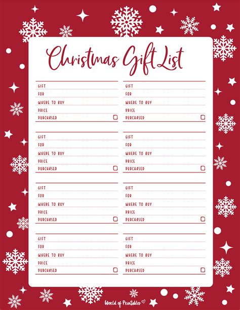 Christmas Gift List Template Free