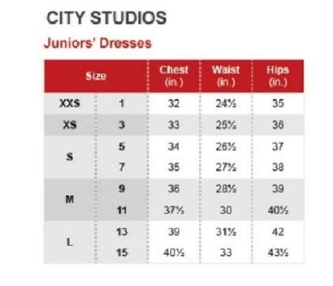 City Studios Size Chart