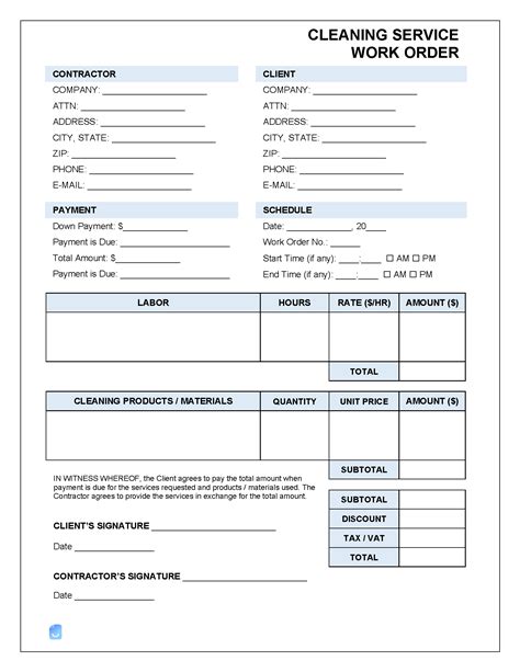 Cleaning Work Order Template