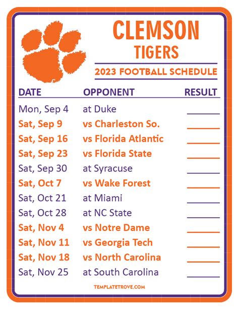 Clemson Football Printable Schedule