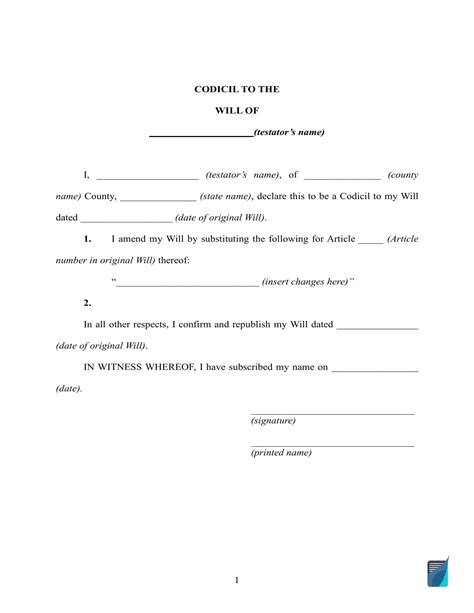 Codicil To Will Template