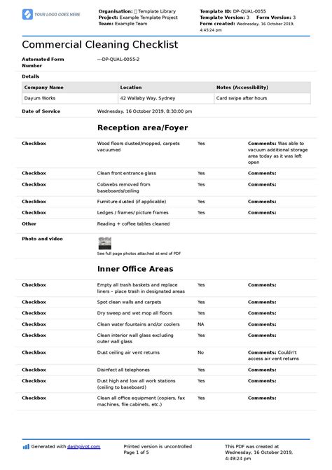 Commercial Cleaning List Template