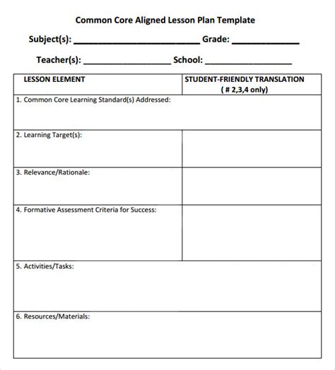 Common Core Standards Lesson Plan Template