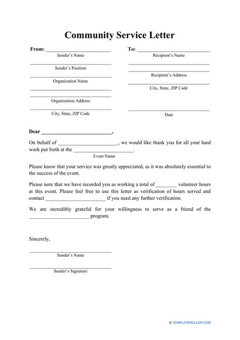 Community Service Letter Template For Court