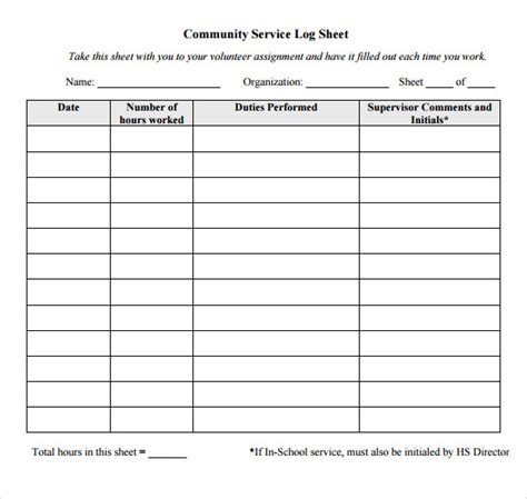 Community Service Log Sheet Printable
