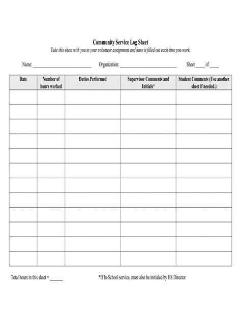 Community Service Log Sheet Template