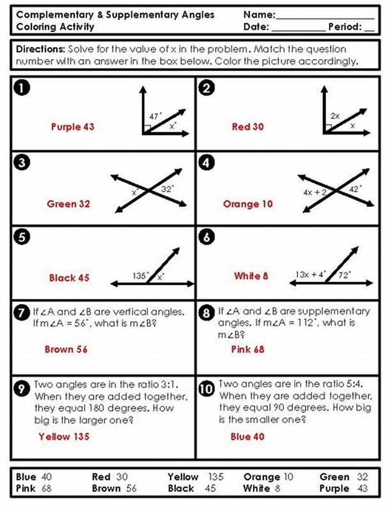 Complementary And Supplementary Angles Coloring Activity Answer Key