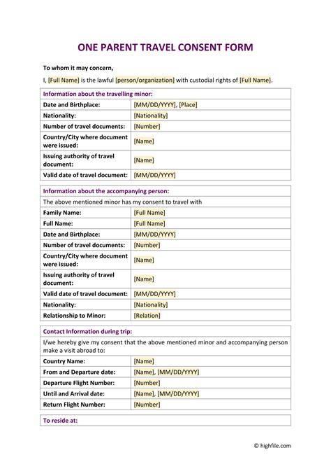 Consent To Travel With One Parent Template