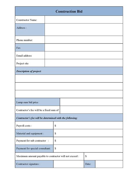 Construction Bid Form Template