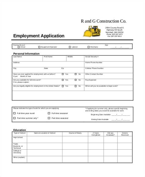 Construction Employment Application Template