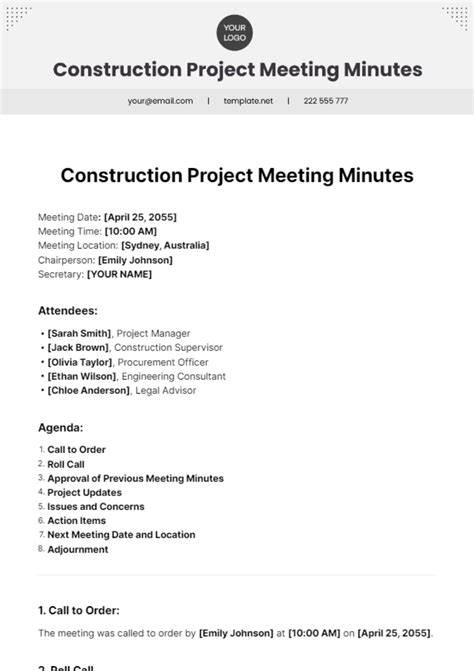 Construction Project Meeting Minutes Template