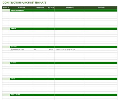 Construction Punch List Template Word
