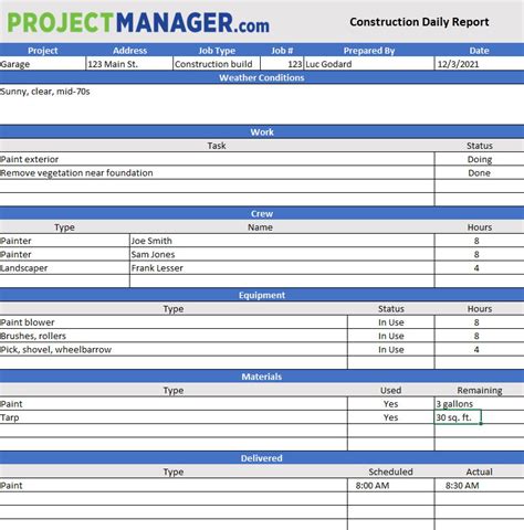 Construction Report Template Excel