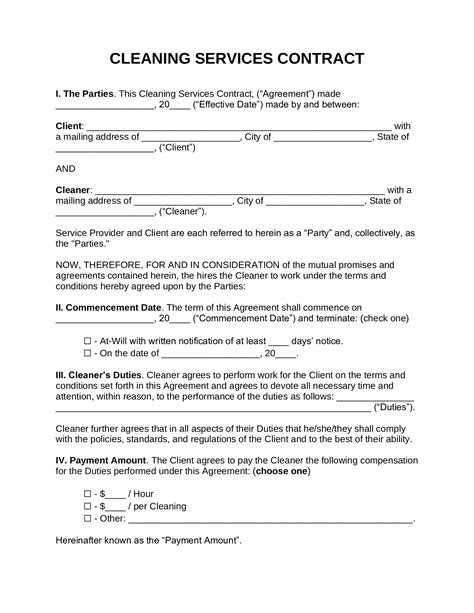 Contract For Cleaning Services Template