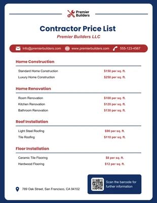 Contractor Price List Template