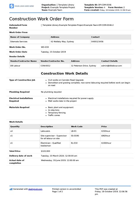 Contractor Work Order Template