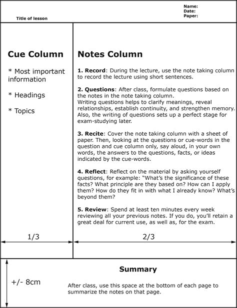 Cornell Note Taking Method Template
