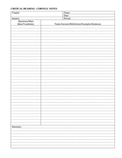 Cornell Note Taking Template Word