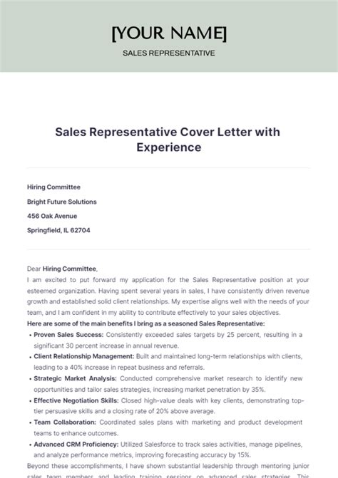 Cover Letter Template For Sales Representative