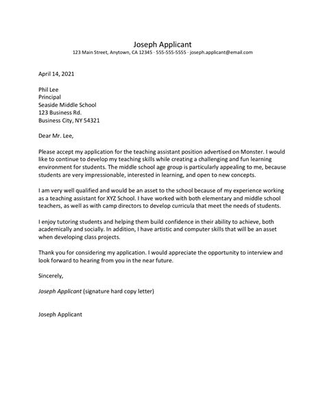 Cover Letter Template For Teaching Assistant