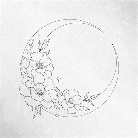 Crescent Moon With Flowers Drawing