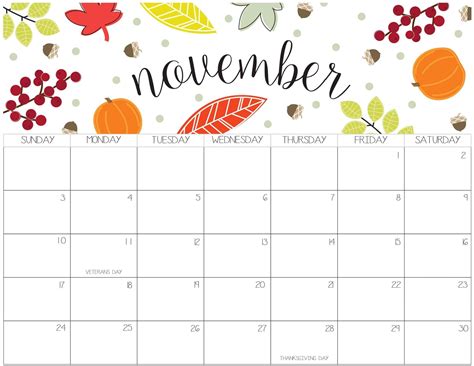 Cute Printable November 2018 Calendar Large Print