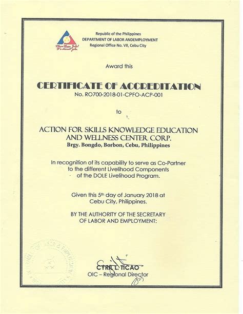 DOLE accreditation certificate