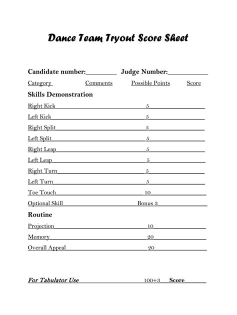 Dance Tryout Score Sheet Template